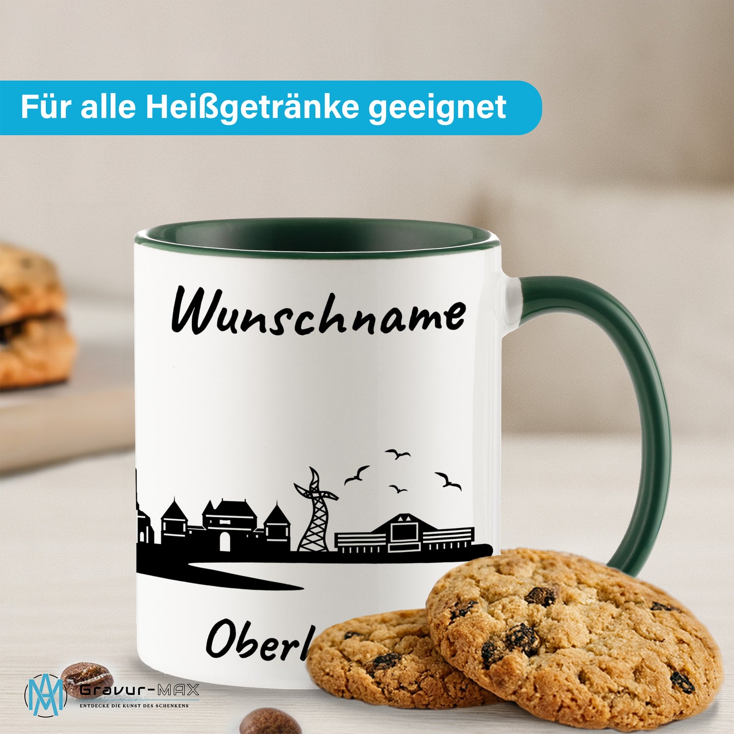 Tasse in Dunkelgrün 330ml bedruckt mit der Skyline von Oberhausen personalisierbar mit Wunschname