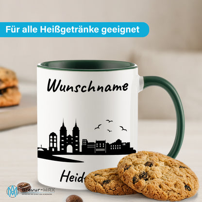 Tasse in Dunkelgrün 330ml bedruckt mit der Skyline von Heidelberg personalisierbar mit Wunschname
