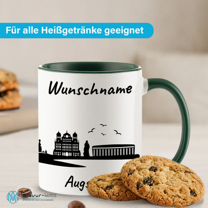 Tasse in Dunkelgrün 330ml bedruckt mit der Skyline von Augsburg personalisierbar mit Wunschname