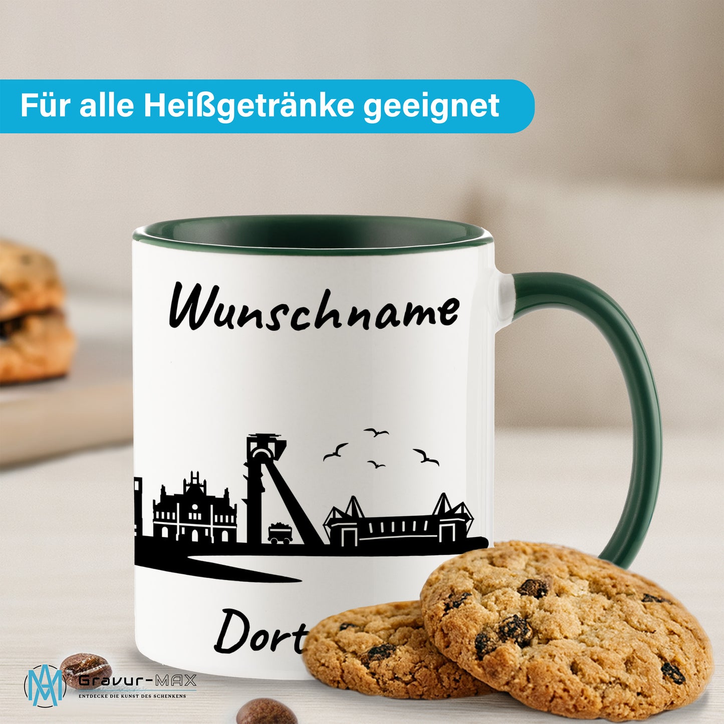 Tasse in Dunkelgrün 330ml bedruckt mit der Skyline von Dortmund personalisierbar mit Wunschname