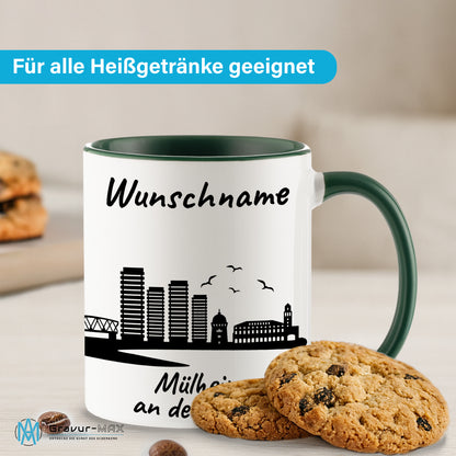 Tasse in Dunkelgrün 330ml bedruckt mit der Skyline von Mülheim an der Ruhr personalisierbar mit Wunschname