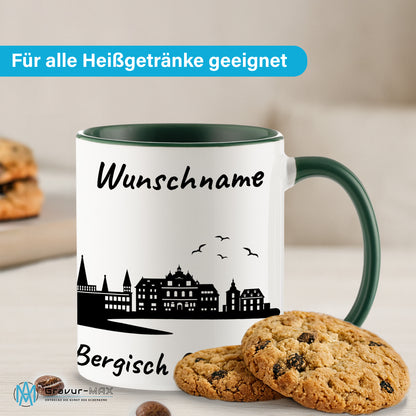 Tasse in Dunkelgrün 330ml bedruckt mit der Skyline von Bergisch Gladbach personalisierbar mit Wunschname