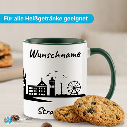 Tasse in Dunkelgrün 330ml bedruckt mit der Skyline von Straubing personalisierbar mit Wunschname