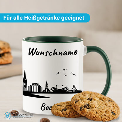 Tasse in Dunkelgrün 330ml bedruckt mit der Skyline von Bochum personalisierbar mit Wunschname
