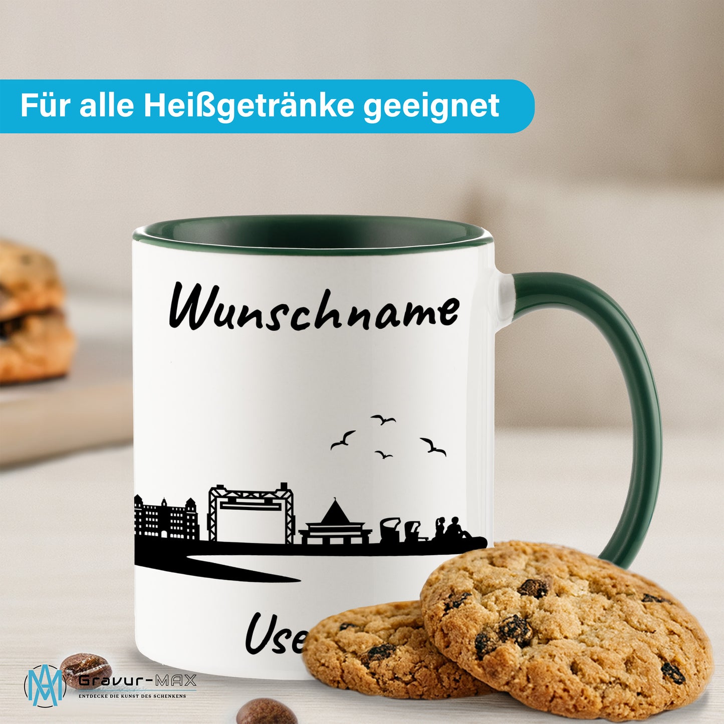 Tasse in Dunkelgrün 330ml bedruckt mit der Skyline von Usedom personalisierbar mit Wunschname