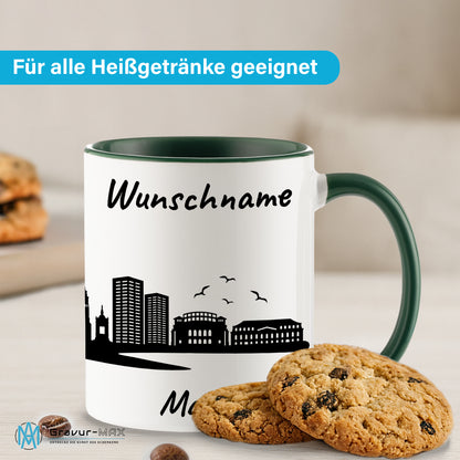Tasse in Dunkelgrün 330ml bedruckt mit der Skyline von Mainz personalisierbar mit Wunschname