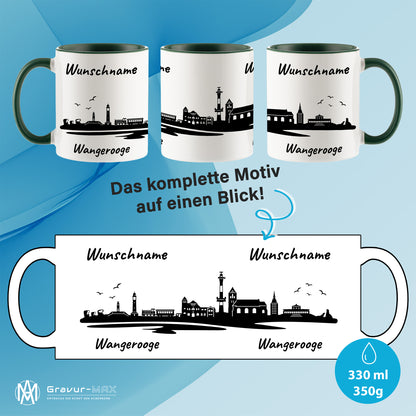 Tasse in Dunkelgrün 330ml bedruckt mit der Skyline von Wangerooge personalisierbar mit Wunschname