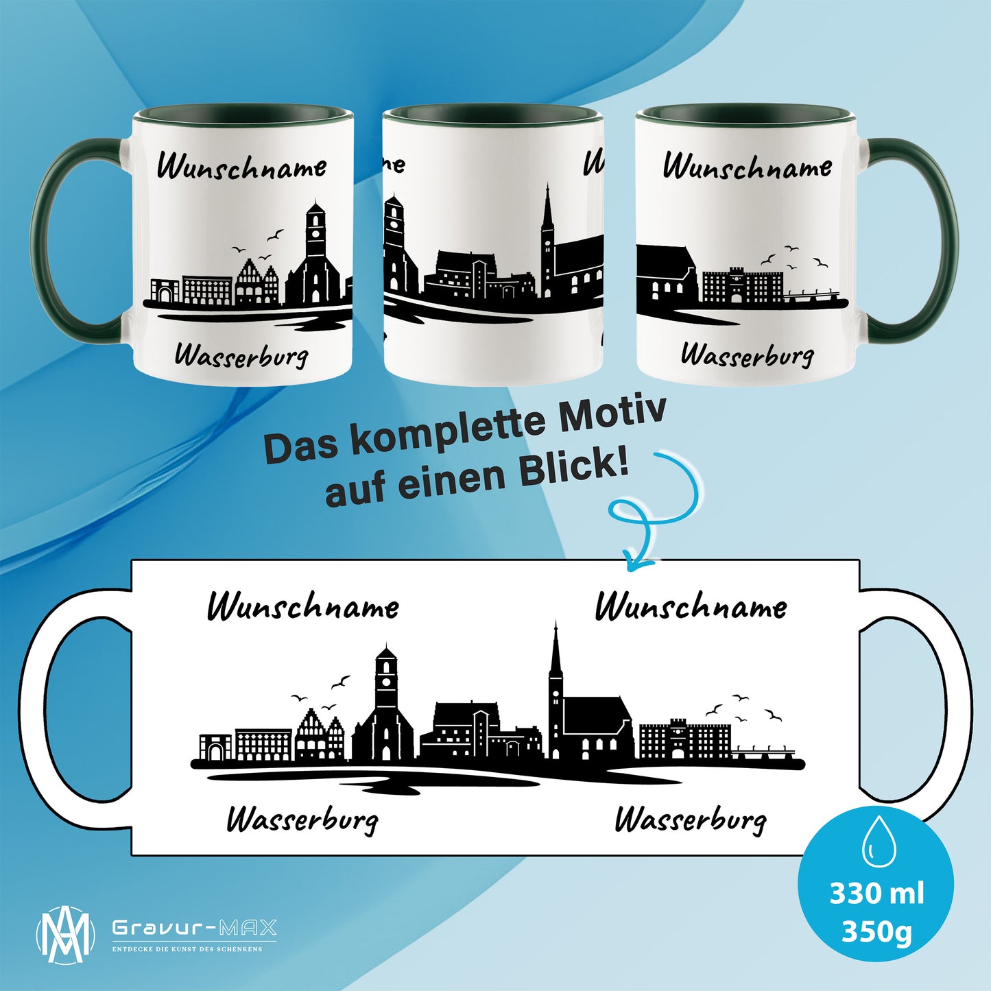 Tasse in Dunkelgrün 330ml bedruckt mit der Skyline von Wasserburg personalisierbar mit Wunschname