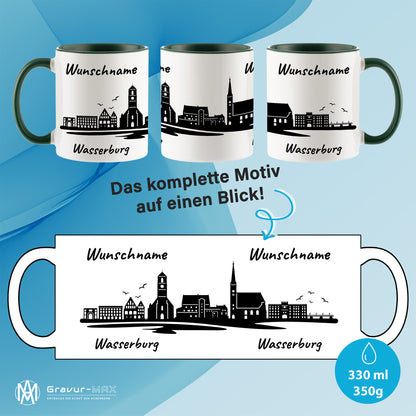 Tasse in Dunkelgrün 330ml bedruckt mit der Skyline von Wasserburg personalisierbar mit Wunschname