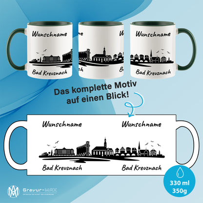 Tasse in Dunkelgrün 330ml bedruckt mit der Skyline von Bad Kreuznach personalisierbar mit Wunschname