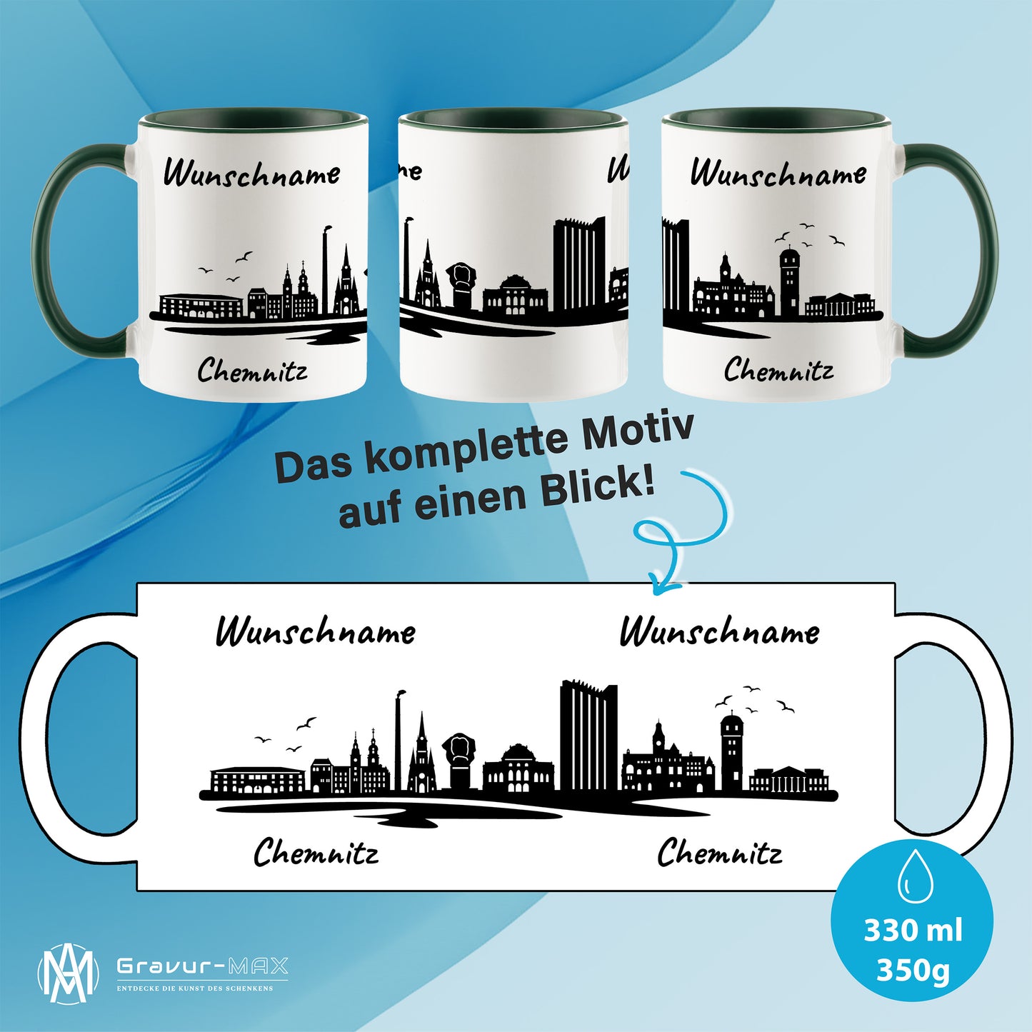Tasse in Dunkelgrün 330ml bedruckt mit der Skyline von Chemnitz personalisierbar mit Wunschname
