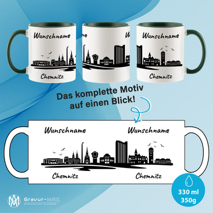 Tasse in Dunkelgrün 330ml bedruckt mit der Skyline von Chemnitz personalisierbar mit Wunschname
