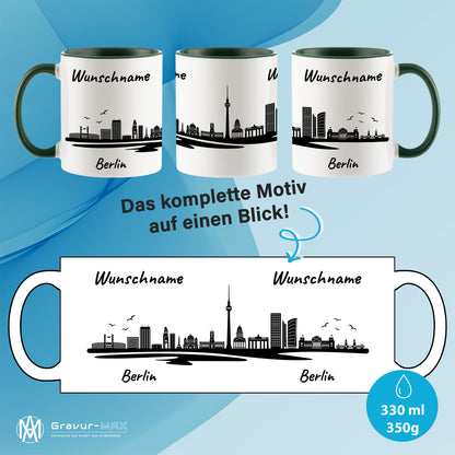 Tasse in Dunkelgrün 330ml bedruckt mit der Skyline von Berlin personalisierbar mit Wunschname