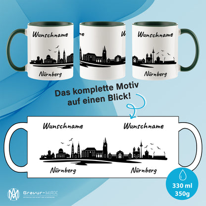 Tasse in Dunkelgrün 330ml bedruckt mit der Skyline von Nürnberg personalisierbar mit Wunschname