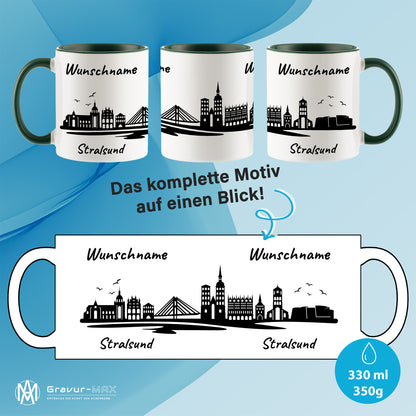 Tasse in Dunkelgrün 330ml bedruckt mit der Skyline von Stralsund personalisierbar mit Wunschname