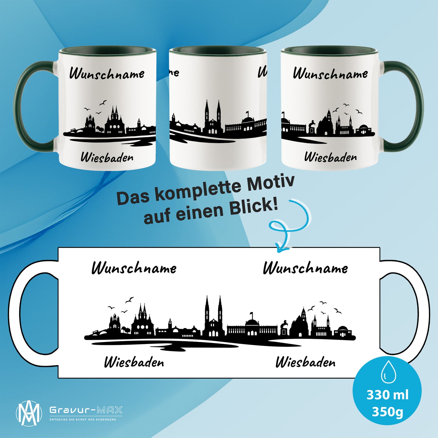 Tasse in Dunkelgrün 330ml bedruckt mit der Skyline von Wiesbaden personalisierbar mit Wunschname