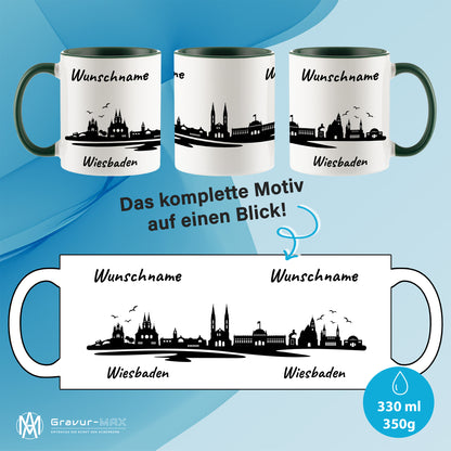 Tasse in Dunkelgrün 330ml bedruckt mit der Skyline von Wiesbaden personalisierbar mit Wunschname