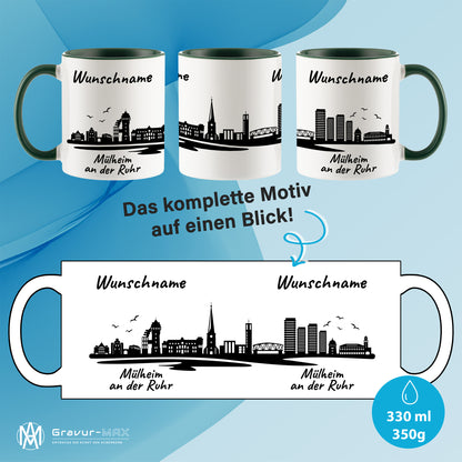 Tasse in Dunkelgrün 330ml bedruckt mit der Skyline von Mülheim an der Ruhr personalisierbar mit Wunschname