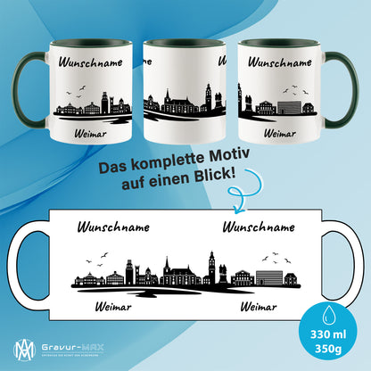 Tasse in Dunkelgrün 330ml bedruckt mit der Skyline von Weimar personalisierbar mit Wunschname