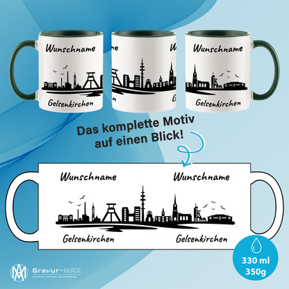 Tasse in Dunkelgrün 330ml bedruckt mit der Skyline von Gelsenkirchen personalisierbar mit Wunschname
