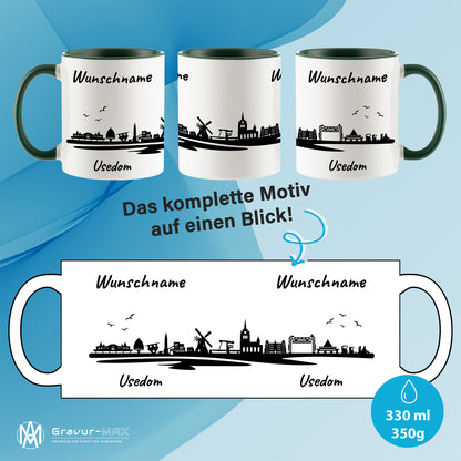 Tasse in Dunkelgrün 330ml bedruckt mit der Skyline von Usedom personalisierbar mit Wunschname