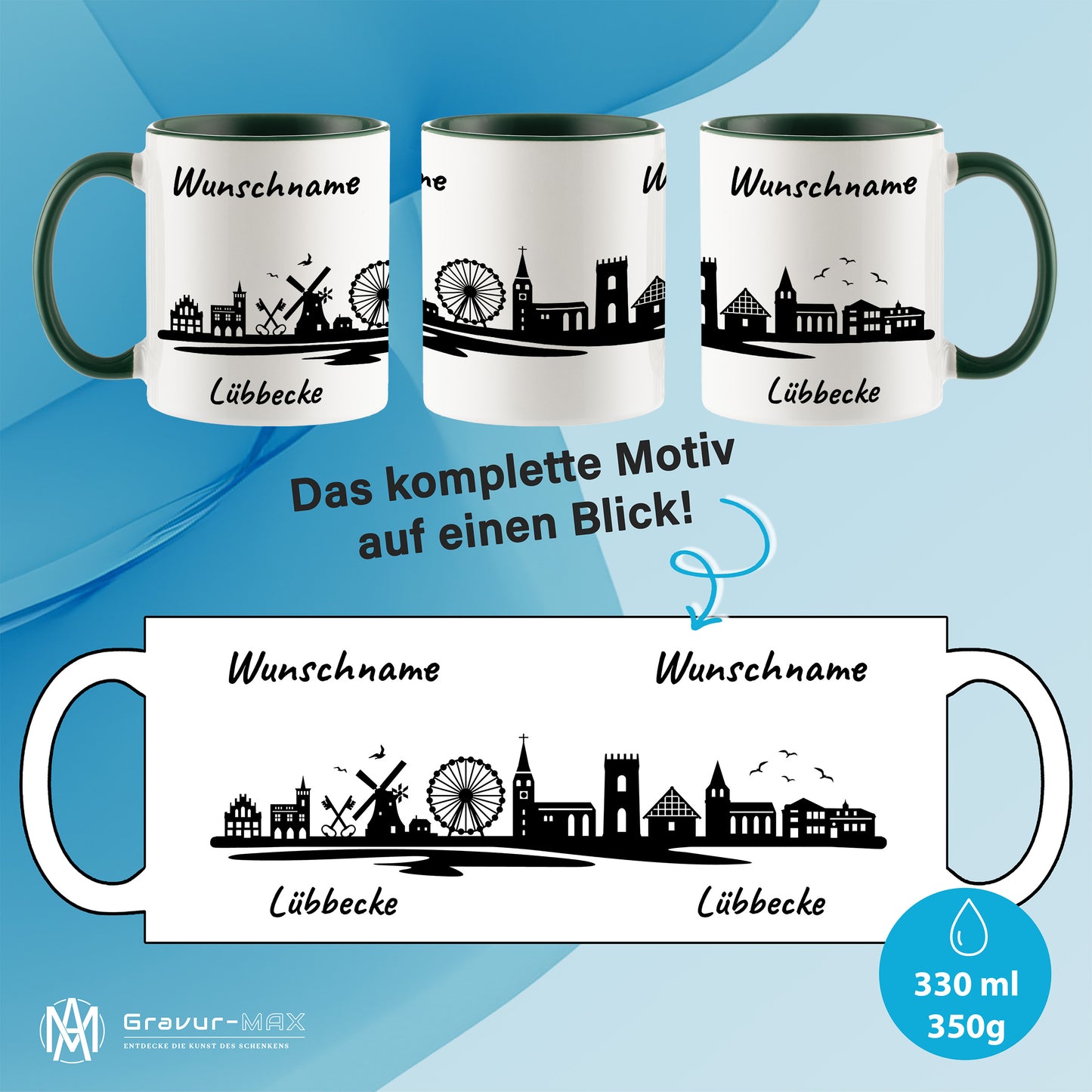 Tasse in Dunkelgrün 330ml bedruckt mit der Skyline von Lübbecke personalisierbar mit Wunschname