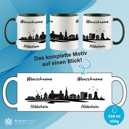 Tasse in Dunkelgrün 330ml bedruckt mit der Skyline von Hildesheim personalisierbar mit Wunschname
