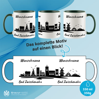 Tasse in Dunkelgrün 330ml bedruckt mit der Skyline von Bad Zwischenahn personalisierbar mit Wunschname