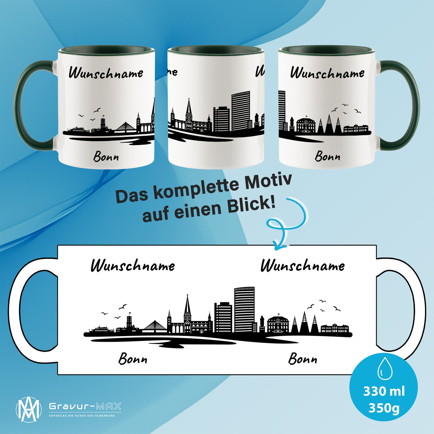 Tasse in Dunkelgrün 330ml bedruckt mit der Skyline von Bonn personalisierbar mit Wunschname