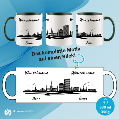Tasse in Dunkelgrün 330ml bedruckt mit der Skyline von Bonn personalisierbar mit Wunschname