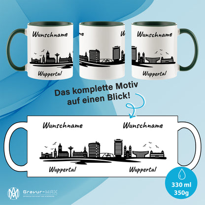 Tasse in Dunkelgrün 330ml bedruckt mit der Skyline von Wuppertal personalisierbar mit Wunschname