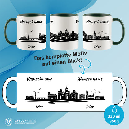 Tasse in Dunkelgrün 330ml bedruckt mit der Skyline von Trier personalisierbar mit Wunschname