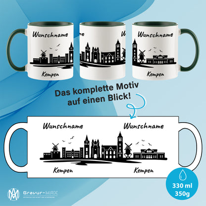 Tasse in Dunkelgrün 330ml bedruckt mit der Skyline von Kempen personalisierbar mit Wunschname