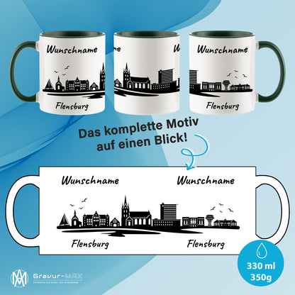 Tasse in Dunkelgrün 330ml bedruckt mit der Skyline von Flensburg personalisierbar mit Wunschname