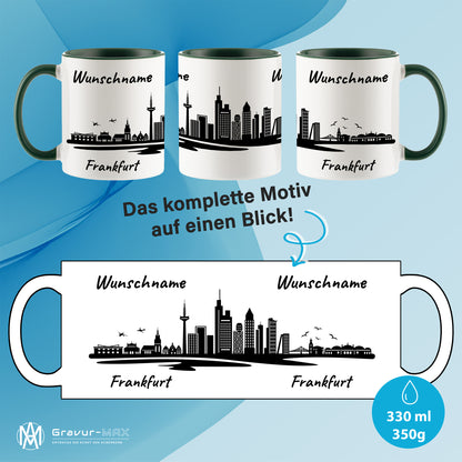 Tasse in Dunkelgrün 330ml bedruckt mit der Skyline von Frankfurt personalisierbar mit Wunschname