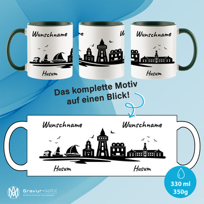 Tasse in Dunkelgrün 330ml bedruckt mit der Skyline von Husum personalisierbar mit Wunschname