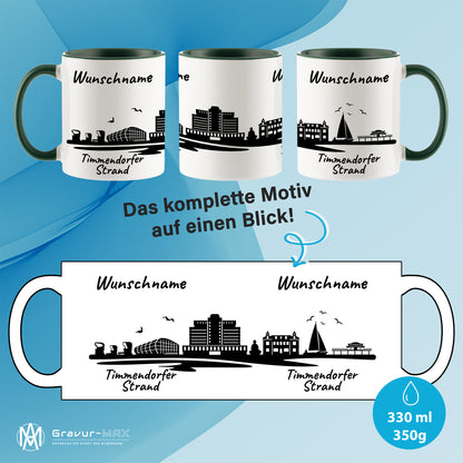 Tasse in Dunkelgrün 330ml bedruckt mit der Skyline von Timmendorfer Strand personalisierbar mit Wunschname