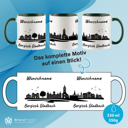Tasse in Dunkelgrün 330ml bedruckt mit der Skyline von Bergisch Gladbach personalisierbar mit Wunschname