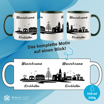 Tasse in Dunkelgrün 330ml bedruckt mit der Skyline von Kirchhellen personalisierbar mit Wunschname