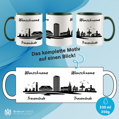 Tasse in Dunkelgrün 330ml bedruckt mit der Skyline von Travemünde personalisierbar mit Wunschname