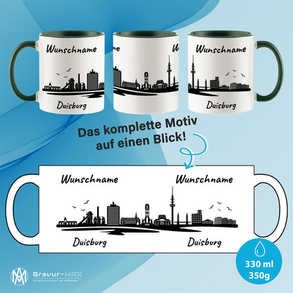 Tasse in Dunkelgrün 330ml bedruckt mit der Skyline von Duisburg personalisierbar mit Wunschname