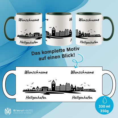 Tasse in Dunkelgrün 330ml bedruckt mit der Skyline von Heiligenhafen personalisierbar mit Wunschname