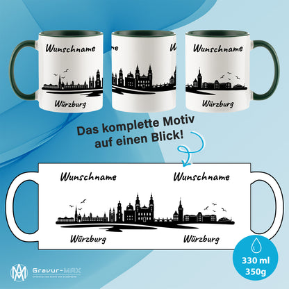 Tasse in Dunkelgrün 330ml bedruckt mit der Skyline von Würzburg personalisierbar mit Wunschname