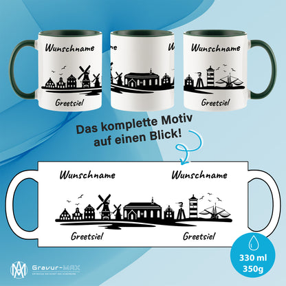 Tasse in Dunkelgrün 330ml bedruckt mit der Skyline von Greetsiel personalisierbar mit Wunschname