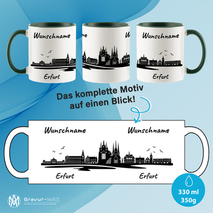 Tasse in Dunkelgrün 330ml bedruckt mit der Skyline von Erfurt personalisierbar mit Wunschname