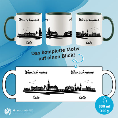 Tasse in Dunkelgrün 330ml bedruckt mit der Skyline von Celle personalisierbar mit Wunschname