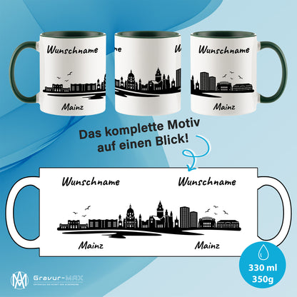 Tasse in Dunkelgrün 330ml bedruckt mit der Skyline von Mainz personalisierbar mit Wunschname