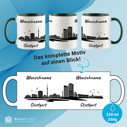 Tasse in Dunkelgrün 330ml bedruckt mit der Skyline von Stuttgart personalisierbar mit Wunschname