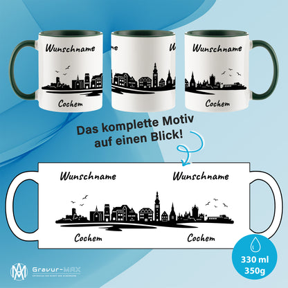 Tasse in Dunkelgrün 330ml bedruckt mit der Skyline von Cochem personalisierbar mit Wunschname