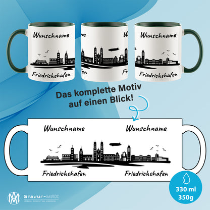 Tasse in Dunkelgrün 330ml bedruckt mit der Skyline von Friedrichshafen personalisierbar mit Wunschname